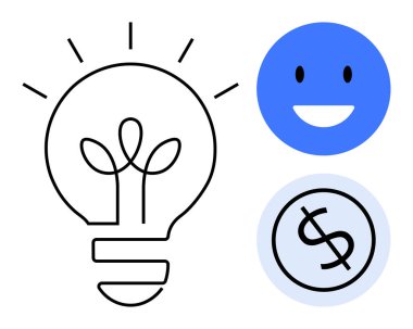Işıklı büyük ampul, fikirleri sembolize ediyor. Gülen bir yüz ve bir dolar işareti de var. Yenilik, yaratıcılık, üretkenlik, mali büyüme, takım çalışması, pozitiflik, iş başarısı için ideal