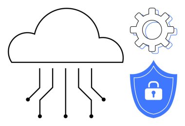Dijital devreli bulut, vites sembolü ve asma kilitli kalkan veri güvenliğini, bulut teknolojisini, dijital bağlantıyı, sistem entegrasyonunu temsil ediyor. Teknoloji, bilişim ve yenilik veri güvenliği için ideal