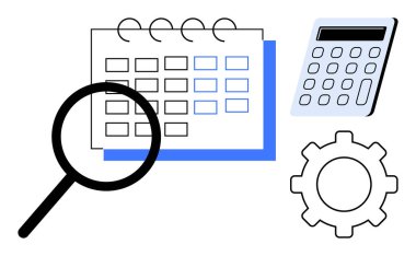 Bir takvim, hesap makinesi ve teçhizat üzerindeki büyüteç analizi, planı, optimizasyonu sembolize ediyor. İş, verimlilik, iş akışı yönetim analizi öncelik hedefleri için idealdir. Basit.