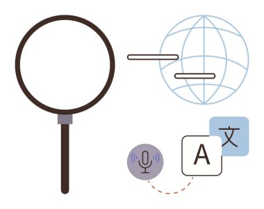 Büyüteç, küre, çeviri sembolleri ve bir ses ikonu küresel arama, çeviri, yapay zeka, ses tanıma, iletişim teknolojisi eğitimini temsil ediyor. Teknoloji eğitimi için ideal