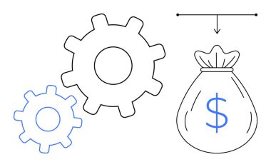 İki bağlı dişli, bir dolar işareti olan bir para çantasına enerji aktarıyor. Finans, yatırım, iş stratejisi, üretkenlik, ekonomik büyüme, süreç optimizasyonu, başarı için ideal