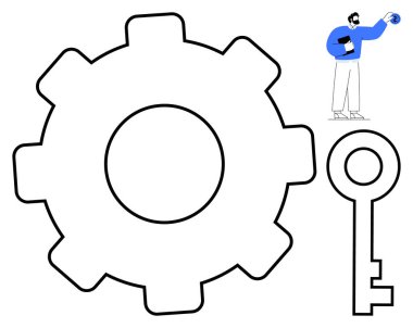 Sistemleri temsil eden büyük teçhizat, çözümleri sembolize eden büyük ölçekli anahtar ve dünyayı tutan bir profesyonel. Yenilik, strateji, problem çözme, başarı, planlama ve teknoloji için ideal