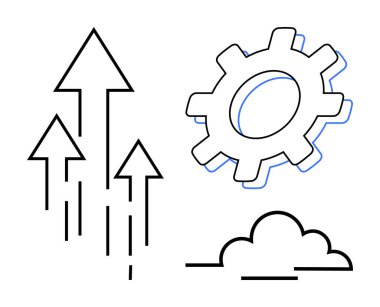 Oklar yukarı doğru büyümeyi simgeler, dişliler yenilik ve süreci simgeler, bulut ise dijital teknolojiyi. İş stratejisi, takım çalışması, yenilik, süreç iyileştirmesi ve başarı için ideal