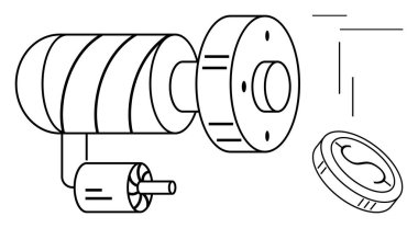 Silindirik bir teçhizatın diyagramı, eklenmiş şaft ve mühendislik tasarımı için ek mekanik bileşenler. Mühendislik, mekanik, araçlar, makineler, teknoloji, yenilik için ideal
