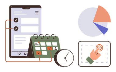 Takvim, saat, pasta grafiği ve dokunmatik ekran etkileşimine bağlı mobil kontrol listesi. Üretkenlik, organizasyon, verimlilik, zamanlama, planlama analizi ve kullanıcı arayüzü kavramı için ideal