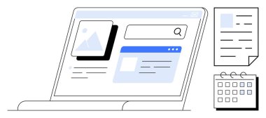 Bir belge ve takvim simgesinin yanı sıra bir arama çubuğu, resim ve içerik listesini gösteren bir dizüstü bilgisayar. Üretkenlik, iş akışı, zamanlama, içerik yönetimi, veri düzenleme bürosu için ideal