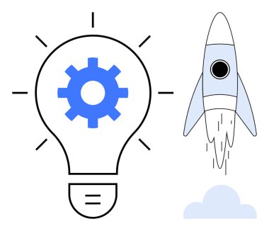 İçinde fikirler ve yenilikleri temsil eden donanımlı büyük bir ampul, gökyüzüne fırlatılan bir roketle eşleştirildi. Girişimcilik, yenilik, yaratıcılık, teknoloji, hedefler, ilerleme için ideal
