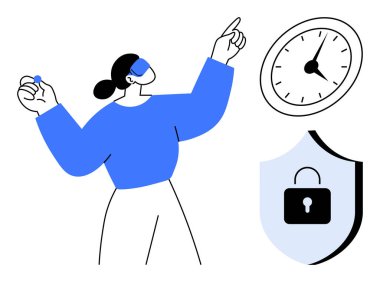 Bir kadın saat ve kilit kalkanını işaret ederek zaman yönetimi ve siber güvenliği simgeliyor. Üretkenlik, mahremiyet, güvenlik, planlama, odaklanma, yönetim organizasyonu için idealdir. Basit düz metafor