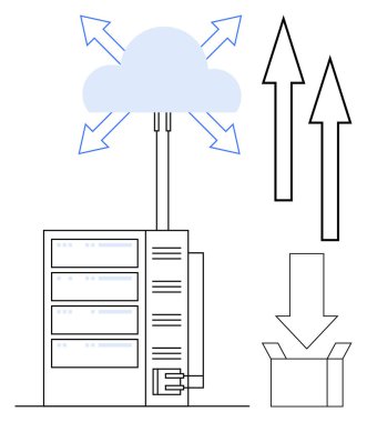 Veri yükleme ve indirmeyi temsil eden oklarla buluta bağlanan sunucu. Veri transferi, bulut hesaplama, ağ, bilgi akışı, teknoloji, depolama için ideal, basit düz metafor