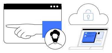 Tarayıcı penceresindeki el noktaları, kullanıcı profili simgesi, uygulama ekranlı dizüstü bilgisayar, bulut kilidi. Kullanıcı arayüzü, güvenlik, gizlilik, teknoloji, veri koruması için ideal dijital araçlar