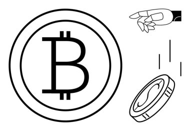 Bozuk paranın üzerindeki bitcoin sembolü, bozuk para salan robot el ve düşen bozuk para illüstrasyonu. Engelleme zinciri, kripto para birimi, otomasyon, fintech, yatırımlar, dijital ekonomi basit düz metafor
