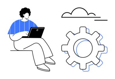 Büyük bir teçhizat ve bulut yanında dizüstü bilgisayar kullanan kişi, yeniliği, iş akışı optimizasyonunu ve dijital çözümleri sembolize ediyor. Takım çalışması, bulut hesaplama, problem çözme, geliştirme, verimlilik için ideal