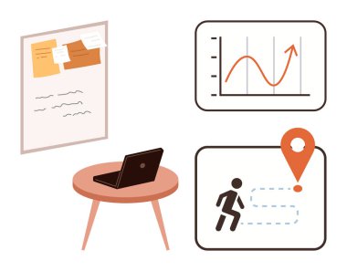 Masada notlar, dizüstü bilgisayar, büyümeyi gösteren grafikler, harita işaretleyicisi ve eylemi sembolize eden kişi simgesi. Üretkenlik, planlama, strateji, veri analizi iş akışı yönetim hedefi için ideal