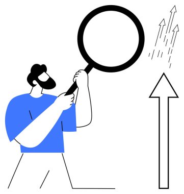 Sakallı adam, büyümeyi, ilerlemeyi ve başarıyı sembolize eden yukarı bakan okları inceleyen bir büyüteç tutuyor. Analiz, araştırma, veri güdümlü kararlar, iş stratejisi, yenilik ve başarı için ideal
