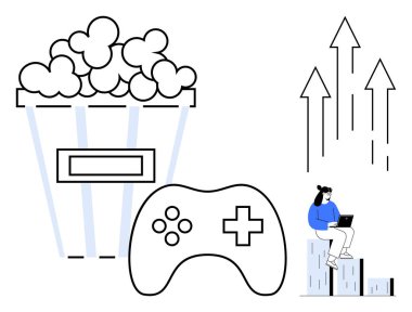 Patlamış mısır kovası, oyun kumandası, yükselen oklar ve bloklarda dizüstü bilgisayarı olan biri. Boş zaman, büyüme, oyun, verimlilik, eğlence planlama stratejileri için ideal basit düz metafor