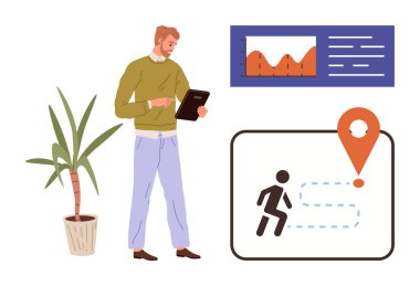 Tabletli adam veri tablosunun, takip cihazının ve bitkinin yanındaki proje ölçümlerini inceliyor. İş analizi için ideal, üretkenlik, proje yönetimi, hedef belirleme, planlama, strateji basit düz