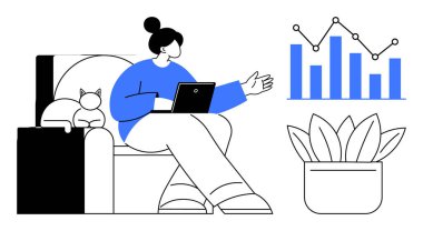 Kanepede oturan bir kadın tabletle saksı bitkisi ve kedinin yanında bar ve çizgi çizelgesini tartışıyor. Uzaktan çalışma, veri analizi, iş planlaması, verimlilik, büyüme ölçümleri, ev ofisi, basit