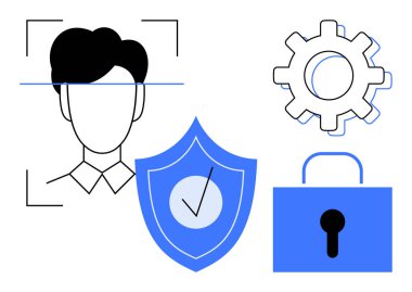 Yüz tanıma yüz taraması, işaretli koruyucu kalkan, kilit ve teçhizat. Siber güvenlik, gizlilik, yapay zeka, veri koruması, teknolojik kimlik doğrulama dijital güvenlik için idealdir.