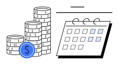 Birikmiş paralar, ödeme takvimi için işaretli tarihleri olan bir takvimin yanında mali tasarrufları temsil ediyor. Finans, bütçe takibi, yatırım, planlama, harcamalar, zaman yönetimi, basit daire
