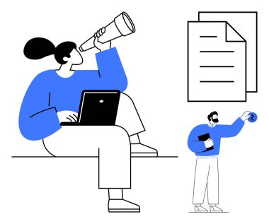 Teleskop ve dizüstü bilgisayarla çalışan bir kadın, istiflenmiş belgelerin yanında para tutan bir adam. İş planlaması, araştırma, takım çalışması, finansal hedefler, eğitim, vizyon yeniliği için ideal. Basit düz