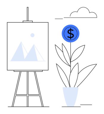 Easel, bir dolar işaretinin açtığı saksı bitkisinin yanında dağ sanat eserleriyle duruyor. Yaratıcılık, büyüme, yatırım, başarı, yenilik, iş ve eğitim için ideal. Basit düz metafor