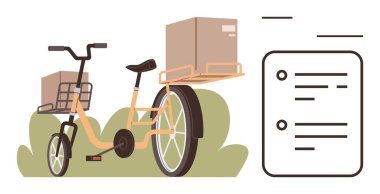 Kargo bisikletinin kutuları izleme, verimliliği ve çevre dostu taşımayı sembolize eden bir kontrol listesi ile eşleştirildi. Lojistik, dağıtım, planlama, ulaşım, sürdürülebilirlik için ideal