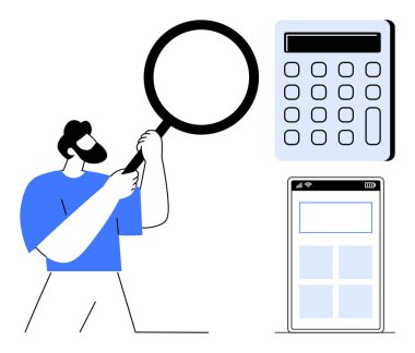 Sakallı adam elinde büyüteç, hesap makinesi ve akıllı telefon arayüzü tutuyor. Analiz, araştırma, araştırma, finans, teknolojik mobil uygulamalar ve verimlilik için ideal. Basit düz metafor
