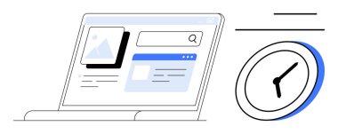 Saatin yanında arama çubuğu, resim ve metin simgelerinin bulunduğu bir web sayfası olan dizüstü bilgisayar ekranı. Üretkenlik, zaman izleme, dijital araçlar, süreler, odaklanma, verimlilik için ideal basit düz metafor