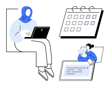 Laptop üzerinde çalışan tesettürlü biri tablet kullanan biri ve takvim zaman yönetimi öneriyor. Üretkenlik, uzaktan çalışma, takım çalışması, iletişim, planlama, basit programlama için ideal
