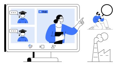 Eğitmen canlı sanal derste öğrencileri videoya çekiyor. Fabrika emisyonları ve büyüteçli araştırmacılar. Uzaktan eğitim, çevre, sürdürülebilirlik ve analiz için ideal