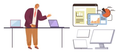 İş adamı, dizüstü bilgisayarları ve analitik ekranları olan bir masada veri içgörüleri sunuyor. İş yeri, analitik, iletişim, takım çalışması, yönetim, üretkenlik, eğitim, basit düz metafor