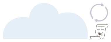 Belge parşömeni ve senkronizasyonu sembolize eden dairesel oklarla büyük bulut şekli. Bulut bilgisayarı, veri depolama, çevrimiçi güvenlik, otomasyon, dosya paylaşımı, iş operasyonları için ideal