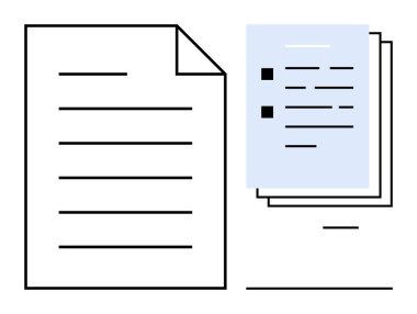 Bilgi organizasyonunu, görev takibini ve öncelikleri gösteren katmanlı kağıt yığınının üzerinde siyah kurşun noktaları olan belge ve kontrol listesi. İş akışı, üretkenlik, ofis görevleri için ideal