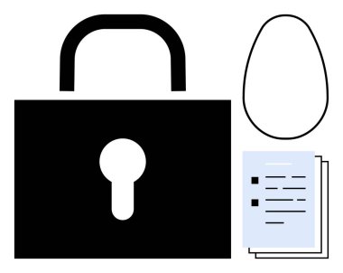 Belge yığınının yanında anahtar deliğiyle asma kilit ve veri gizliliğini, korumasını ve gizliliğini vurgulayan soyut oval öğe. Siber güvenlik, şifreleme, politika uyumu, kimlik denetimi için ideal