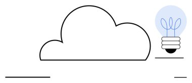 Bulut çizgisi parlayan bir ampulle birleşmiş ve bitki filizleri var. Yenilik, yaratıcılık, sürdürülebilirlik, eko-teknoloji, bulut hesaplama, gelecek çözümler, yeşil fikirler için idealdir. Basit düz