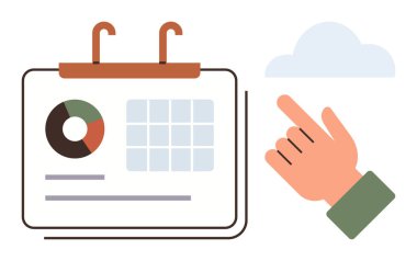 Bir turta grafiğini, ızgara düzenini ve bulutlu metin satırlarını gösteren bir takvime el işareti. Planlama, organizasyon, zamanlama, üretkenlik, zaman yönetimi, veri görselleştirme için ideal