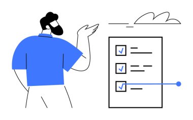 Listede mavi işaretlerle belirtilmiş görevleri tamamlayan bir adam var. Organizasyon, üretkenlik, planlama, başarı, görev yönetimi, başarı için ideal, basit düz metafor