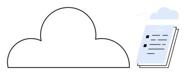 Bulut grafiği ve uçan belgeler bulut depolama, veri paylaşımı ve yedeklemeyi temsil ediyor. Teknoloji, dijital depolama, bulut hizmetleri, uzaktan erişim, dosya güvenliği, basit online araçlar için ideal