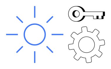 Mavi güneş patlaması, siyah ve beyaz anahtar ve çark enerjiyi, üretkenliği, çözümleri, güvenliği, yaratıcılığı, yenilik verimliliğini sembolize ediyor. Sürdürülebilirlik iş stratejisi takım çalışması için ideal