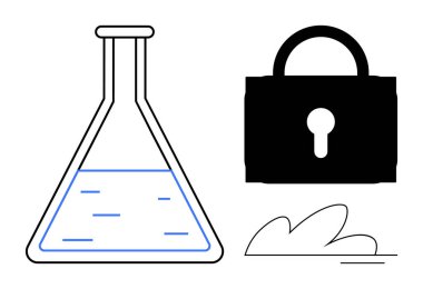 Kalın bir asma kilidin yanında kısmen sıvıyla dolu bir laboratuvar şişesi ve basit bir bulut işareti detayı. Bilim, araştırma, siber güvenlik, yenilik, koruma, gizlilik ve biyoteknoloji için ideal