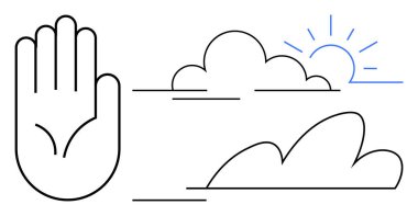 Bulutlu ve yükselen güneşli dostane bir jest ile el kaldırıldı. Basit bir düz metafor olarak barış, iyimserlik, farkındalık, farkındalık, sükunet ve basitlik için ideal.