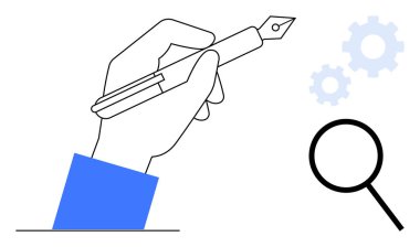 Yazıyı ifade eden bir kalem, aramayı sembolize eden bir büyüteç ve fikir veya çözüm öneren vitesler. Yaratıcılık, araştırma, yenilik, analiz, bilgi ve geliştirme için ideal