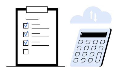 Kontrol listesi olan pano, okları olan bulut simgesi ve görev tamamlama, bulut hesaplama ve hesaplamayı gösteren hesap makinesi. Üretkenlik, finans, planlama, organizasyon teknolojisi için ideal