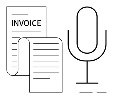 Ses tabanlı fatura işlemlerini gösteren mikrofon ve fatura belgesi. Finans, otomasyon, yapay zeka, iş, verimlilik, yenilik, ses komutları için ideal, basit düz metafor