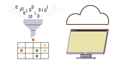 Bulut depolama ve bilgisayar ekranı ile huniden bir tabloya filtrelenen ikili veri. Teknoloji, veri bilimi, bulut hesaplaması, makine eğitimi, analitik, programlama için ideal