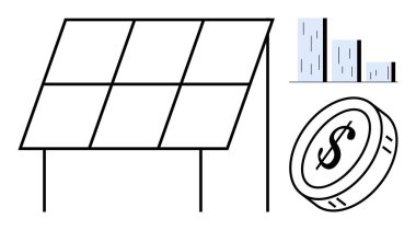 Güneş paneli bar grafiği ve dolar parasının yanında yenilenebilir enerji, maliyet tasarrufu ve büyümeyi vurguluyor. Sürdürülebilirlik, enerji verimliliği, ekonomik ilerleme, mali planlama için ideal