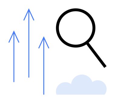 Yukarı doğru üç ok ve analitik, keşif, büyüme, ilerleme, strateji, araştırma ve yenilik kavramlarını temsil eden bulutlu büyüteç. Basit düz metafor için ideal