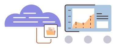 Belge dizinine bağlı bulut tutucu veriler ve çizgi grafiğiyle analitik gösterge paneli. Veri depolama, bulut hesaplama, analitik, teknoloji, dijital araçlar, ağ oluşturma için ideal