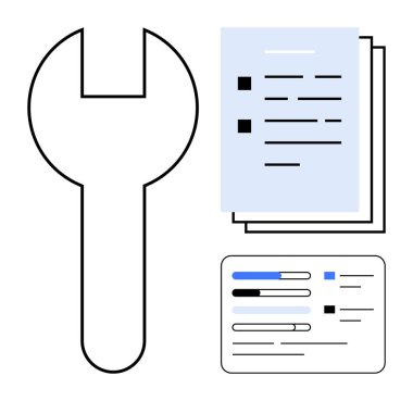 Yığılmış belgelerin ve veri tablosunun yanında anahtar. Teknoloji, onarım, verimlilik, iş akışı, analitik, planlama, strateji için ideal. Basit düz metafor