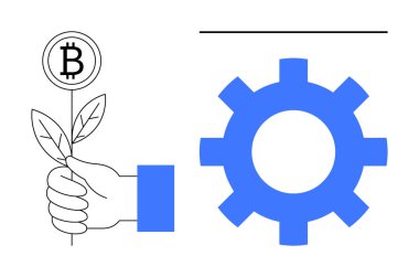 Mavi bir dişlinin yanında bitkisel para büyüyen bir bitkiyi tutan el. Kripto para birimi, engelleme zinciri, yenilik, sürdürülebilirlik, büyüme, fintech, finans konuları için ideal. Basit düz metafor